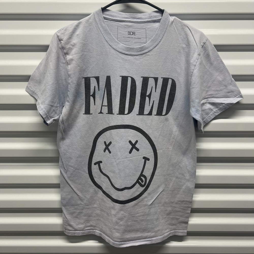 Dope Fairfax LA Size S Mens Faded Smiley Face Graphic T-Shirt Light Blue Grey — photo 2